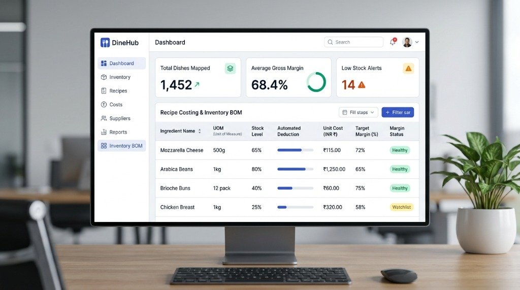 DineHub Recipe Costing & Inventory BOM Dashboard on Monitor