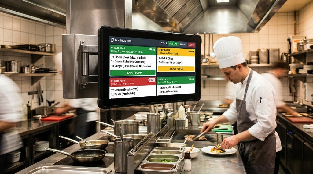 Restaurant Chefs in Commercial Kitchen with Mounted Rugged KDS Display