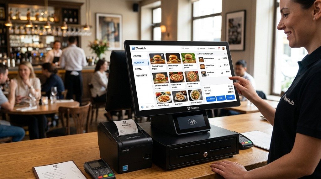 DineHub Counter POS Terminal with Cashier, Thermal Printer, and Active Customer Cart