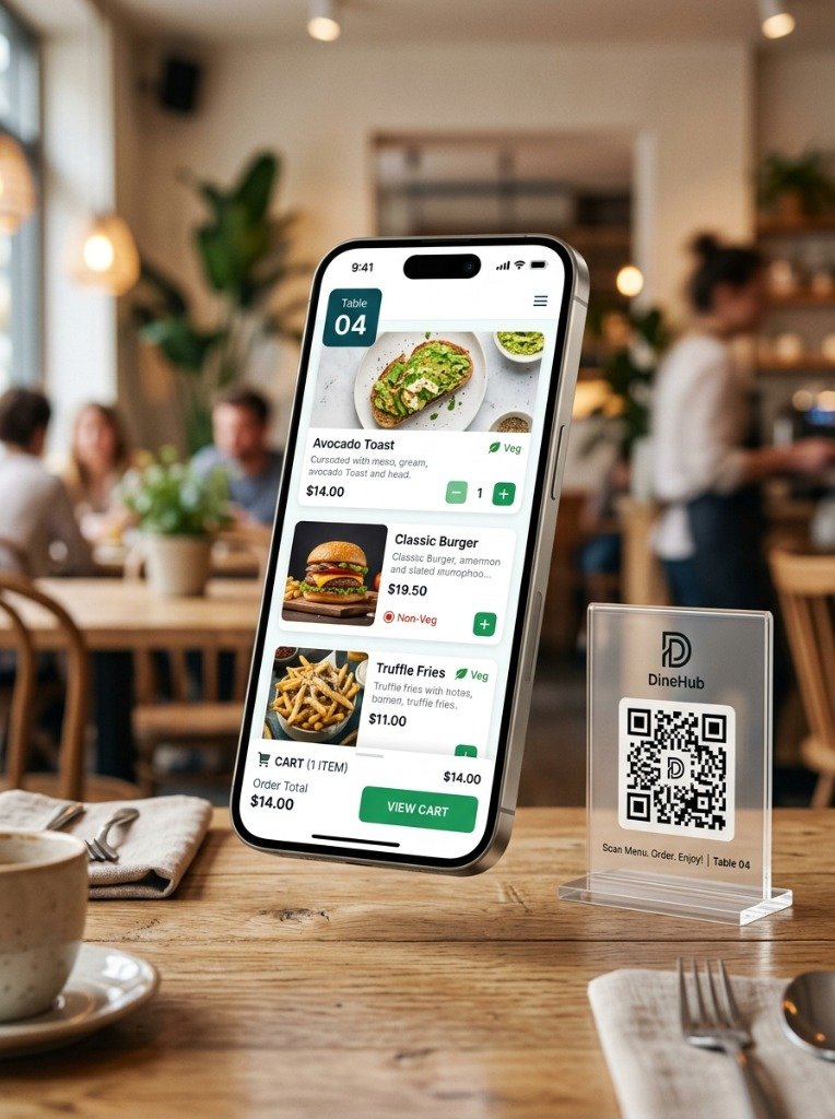 DineHub Acrylic Table QR Stand & iPhone Contactless Ordering